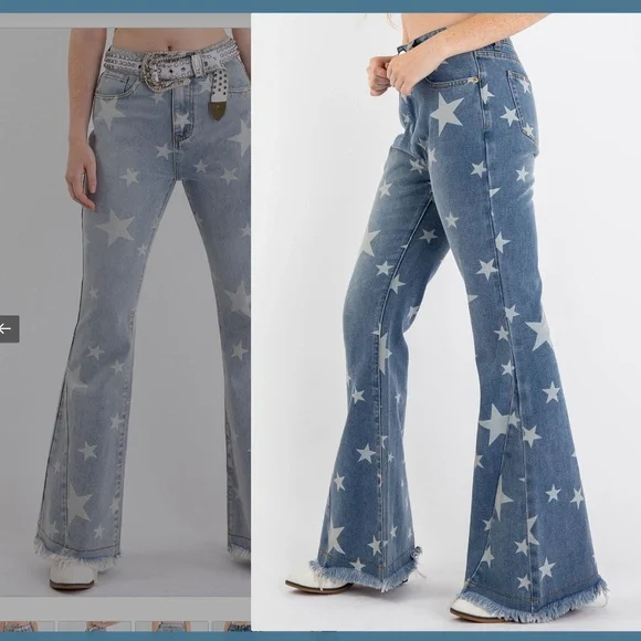 💕Blue Velvet “ Big Dipper “ Blue Velvet STAR PRINT FLARE DENIM JEANS PANTS 28 - Picture 2 of 3